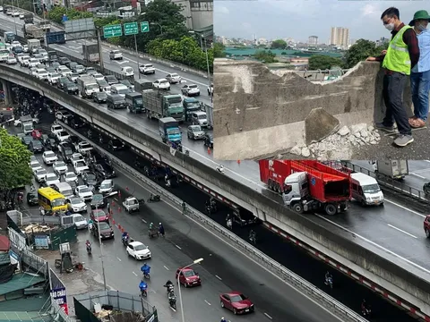 Xe đầu kéo mất lái, đâm vỡ lan can đường Vành đai 3 trên cao